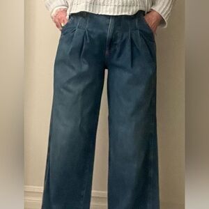 Veronica Beard Pleated Wide Blue Jeans